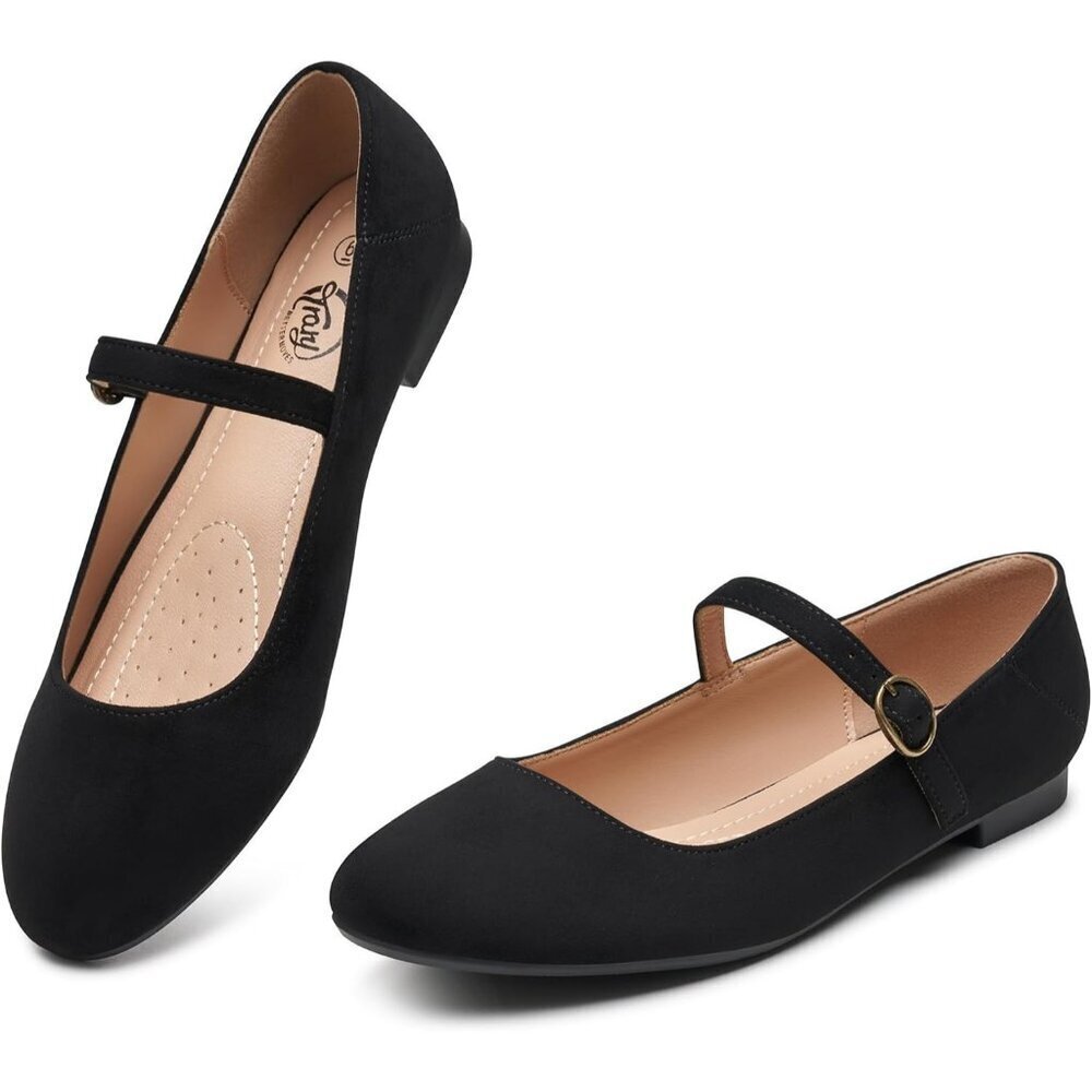 Trary Women Black Suede Leather Round Toe Ankle Strap Ballet Flats Shoes